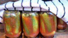 Cucumbers in tomato juice for the winter, awesome recipe
