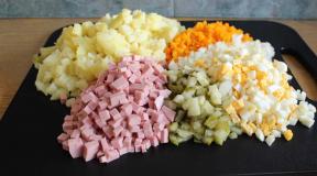 Olivier-salaatti: klassinen resepti makkaran ja lihan kanssa